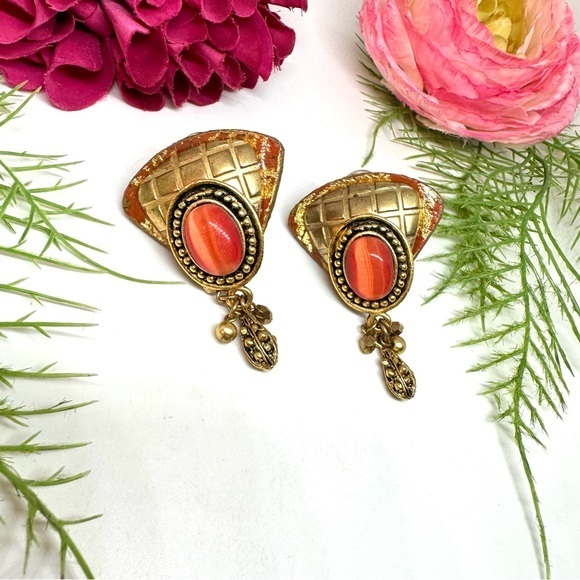 Vintage Jewelry - VINTAGE⚜️RETRO Orange Glass Cabochon Clip Earrings